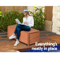 Woman in blue hat seated on honey timber louvred storage box by poolside; text: everything's neatly in place