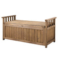 Brown timber outdoor storage bench with slatted armrests both sides, three-quarter angle on white background