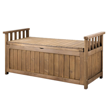 Brown timber outdoor storage bench with slatted armrests both sides, three-quarter angle on white background