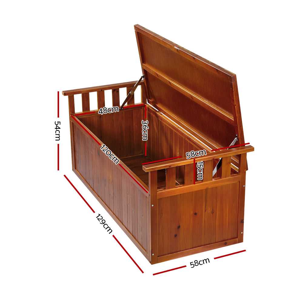 Timber outdoor storage bench open lid dimensions: 129cm length, 58cm depth, 54cm height, 120cm interior length