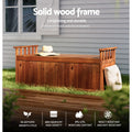 Timber storage bench outdoors with straw hat on top; text: solid wood frame, insect-resistant, 450-550kg/m³ high density
