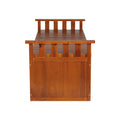 Timber outdoor storage bench viewed directly from front, slatted armrests visible, white background