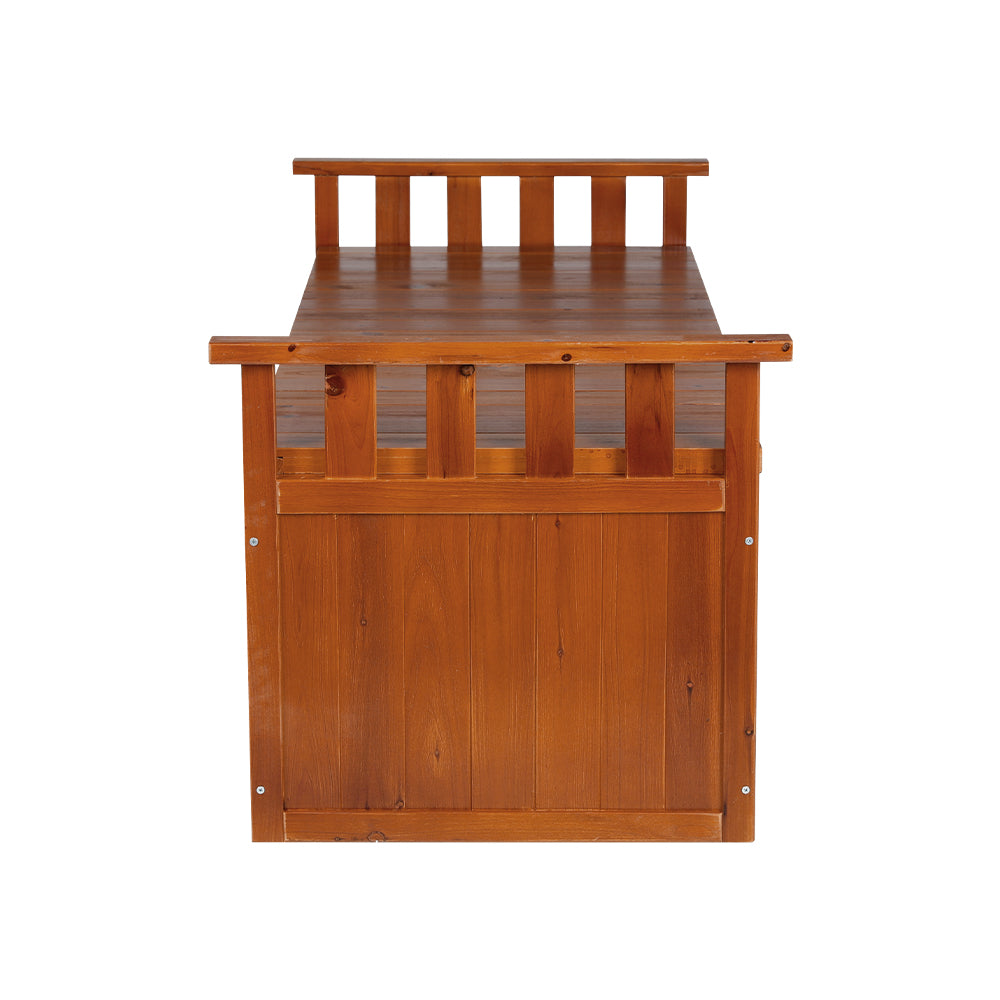 Timber outdoor storage bench viewed directly from front, slatted armrests visible, white background
