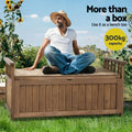 Man seated on timber outdoor storage bench in garden with sunflowers; text: more than a box, 300kg capacity