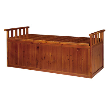 Timber outdoor storage bench with slatted armrests both sides, three-quarter angle view on white background