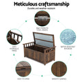 Dark timber bench open, callouts: 304 SS hinges, hydraulic hinge, water-resistant interior, easy to open, smooth surface