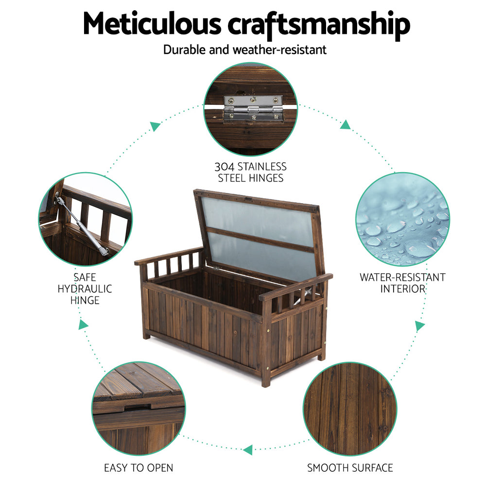 Dark timber bench open, callouts: 304 SS hinges, hydraulic hinge, water-resistant interior, easy to open, smooth surface