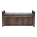 Dark charcoal timber outdoor storage bench, front view showing slatted top and vertical plank body, white background