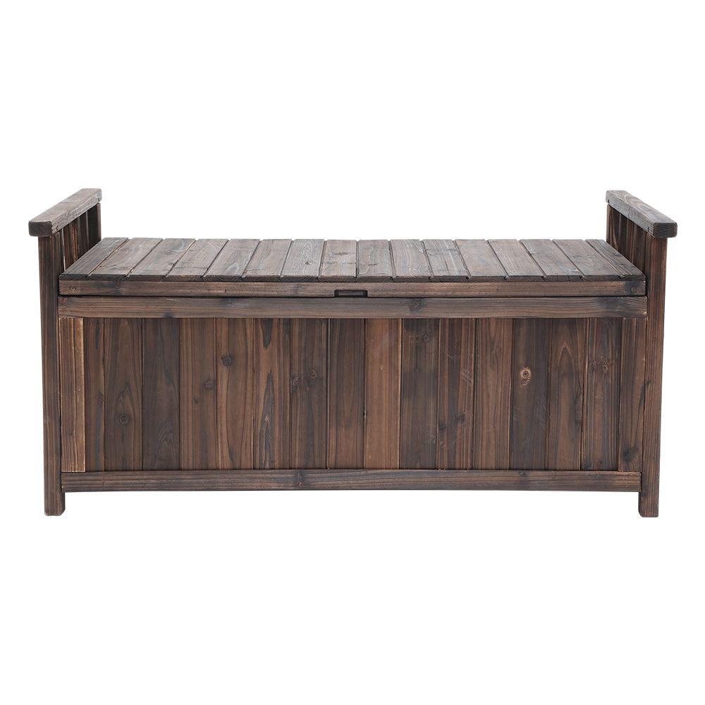 Dark charcoal timber outdoor storage bench, front view showing slatted top and vertical plank body, white background