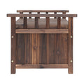 Dark timber storage bench viewed from end, slatted back rail visible, vertical plank body and feet, white background