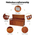Timber storage bench open lid, callouts: 304 SS hinges, steel stays, sturdy handles, easy to open, smooth surface