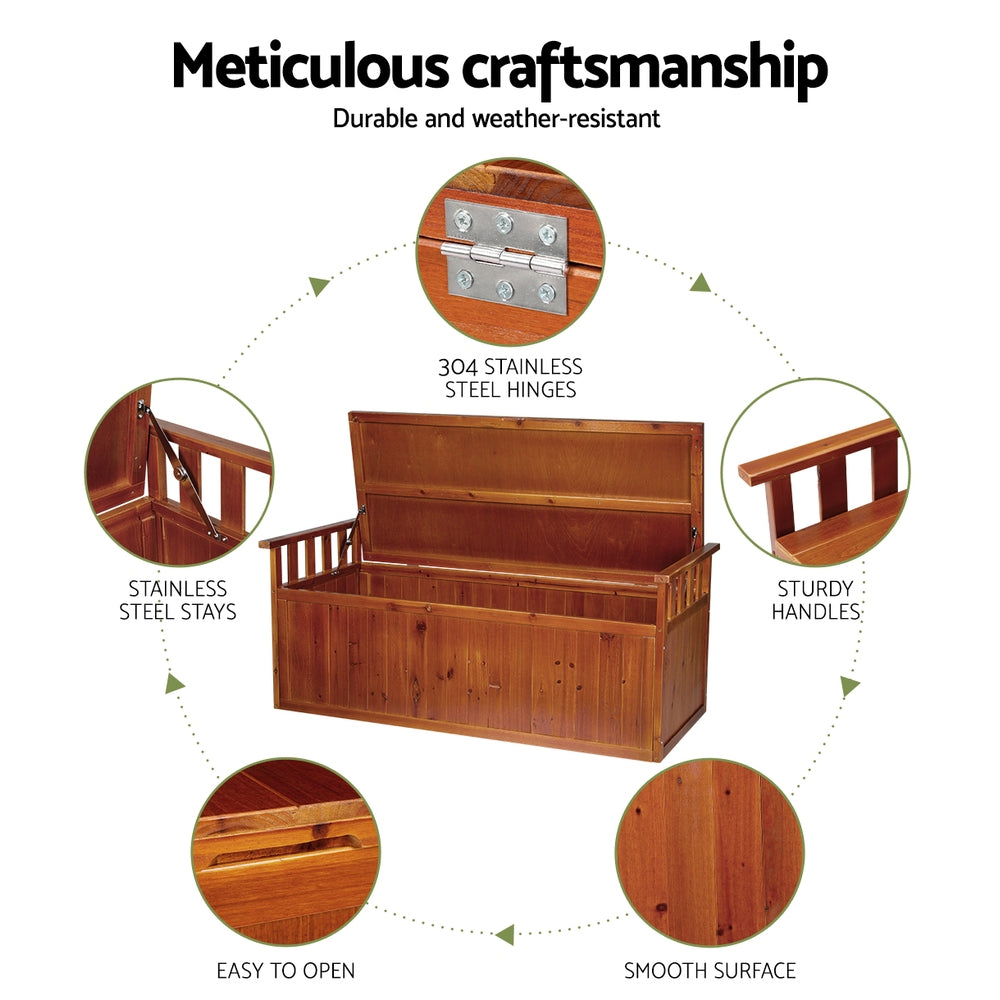 Timber storage bench open lid, callouts: 304 SS hinges, steel stays, sturdy handles, easy to open, smooth surface