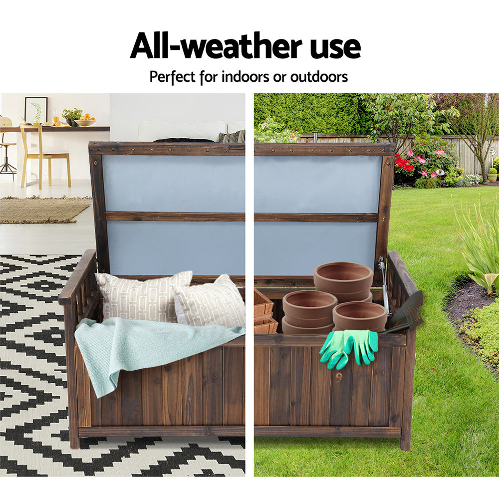 Dark timber storage bench open: left with pillows indoors, right with garden pots outdoors; text: all-weather use