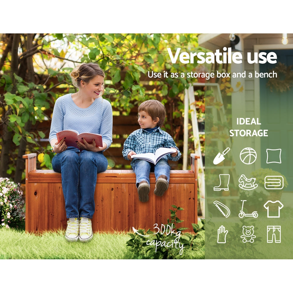 Woman and child seated on timber storage bench in garden reading; text: Versatile use, 300kg capacity, ideal storage icons