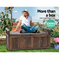 Man in straw hat seated on dark timber storage bench in garden with sunflowers; text: 220KG capacity, more than a box