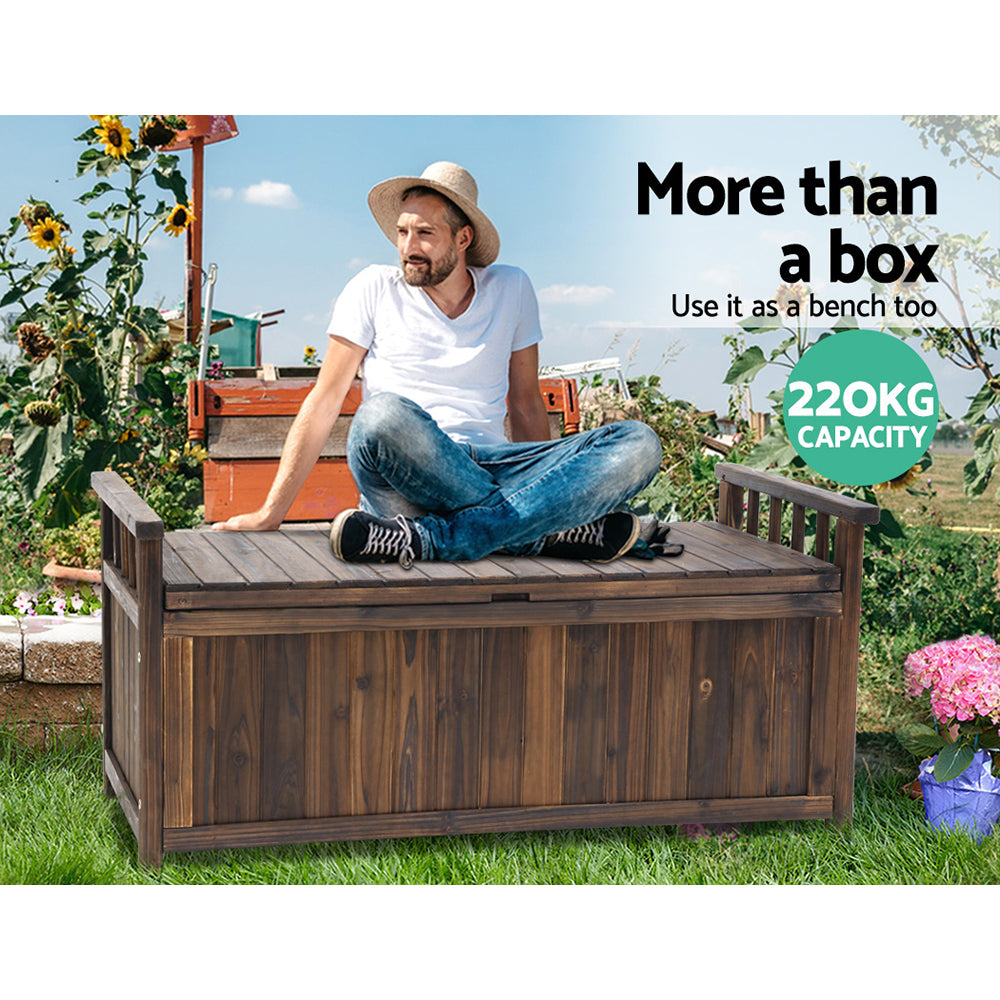 Man in straw hat seated on dark timber storage bench in garden with sunflowers; text: 220KG capacity, more than a box