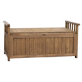 Light brown timber outdoor storage bench with rectangular slatted armrests both sides, three-quarter angle, white background