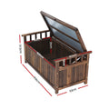 Dark timber storage bench open lid dimensions: 106cm length, 53cm depth, 51.5cm height, 102cm interior length