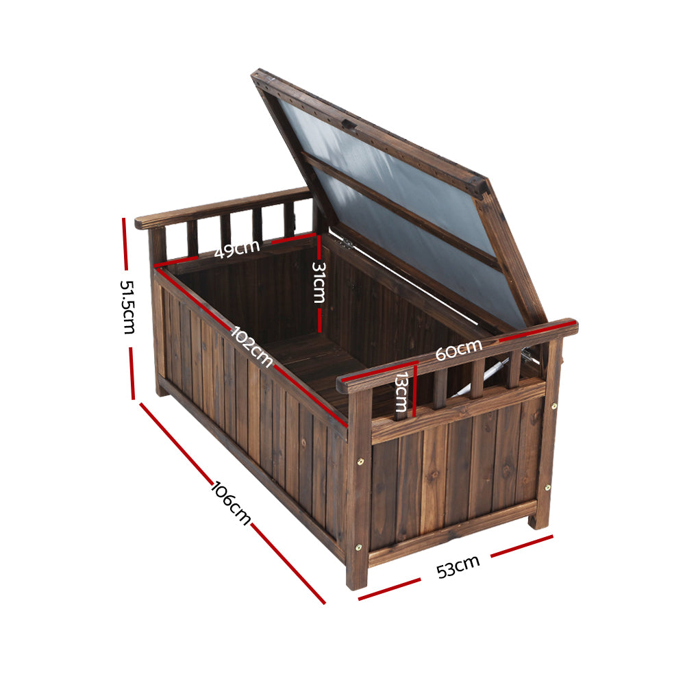 Dark timber storage bench open lid dimensions: 106cm length, 53cm depth, 51.5cm height, 102cm interior length