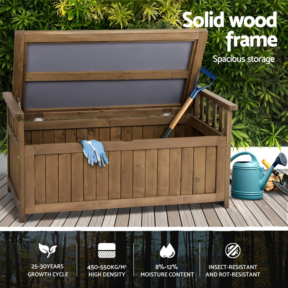 Brown timber storage bench open outdoors with garden tools; text: solid wood frame, 450-550kg/m³ density, insect-resistant