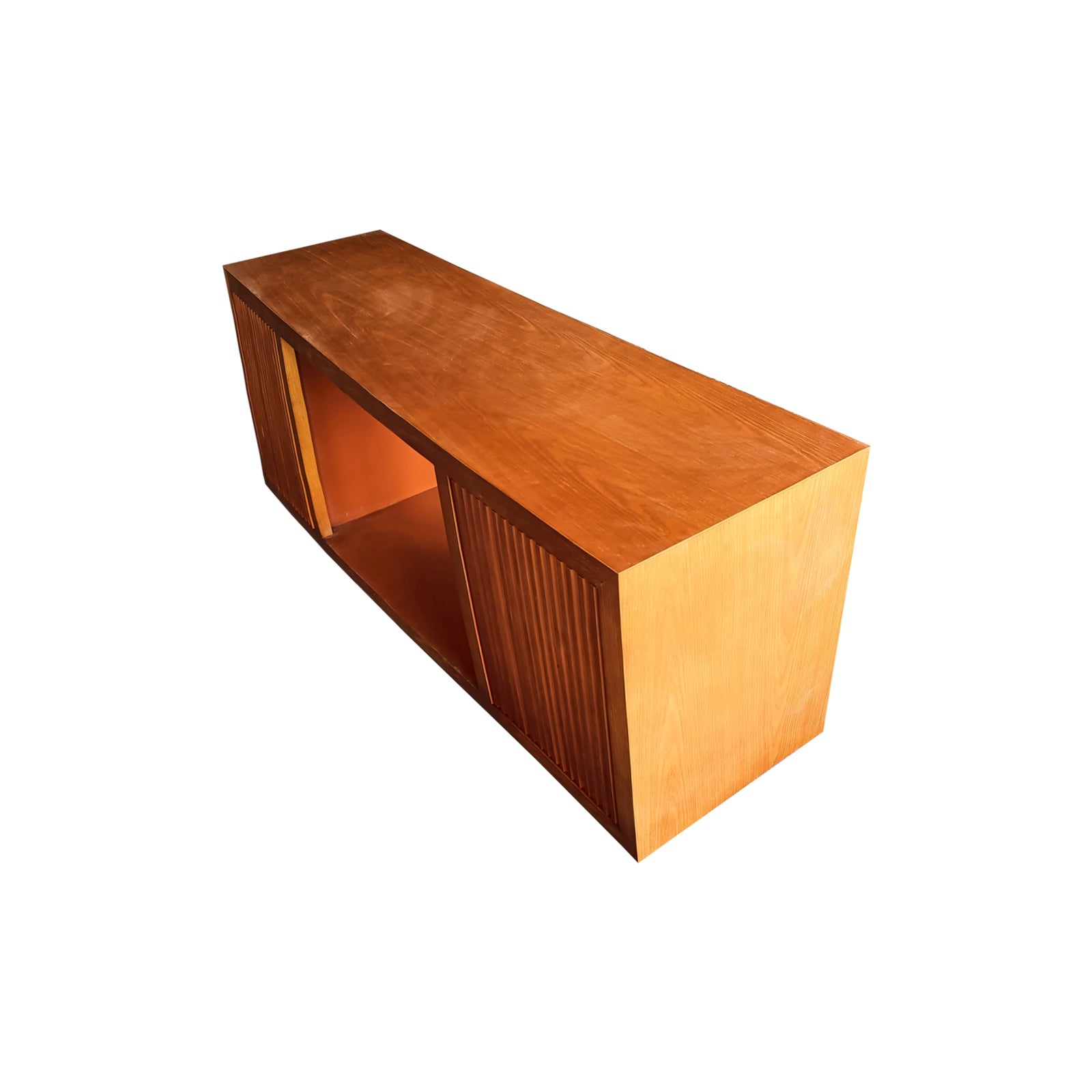 Walnut TV console high-angle view on white background showing top surface, right side panel and open central bay