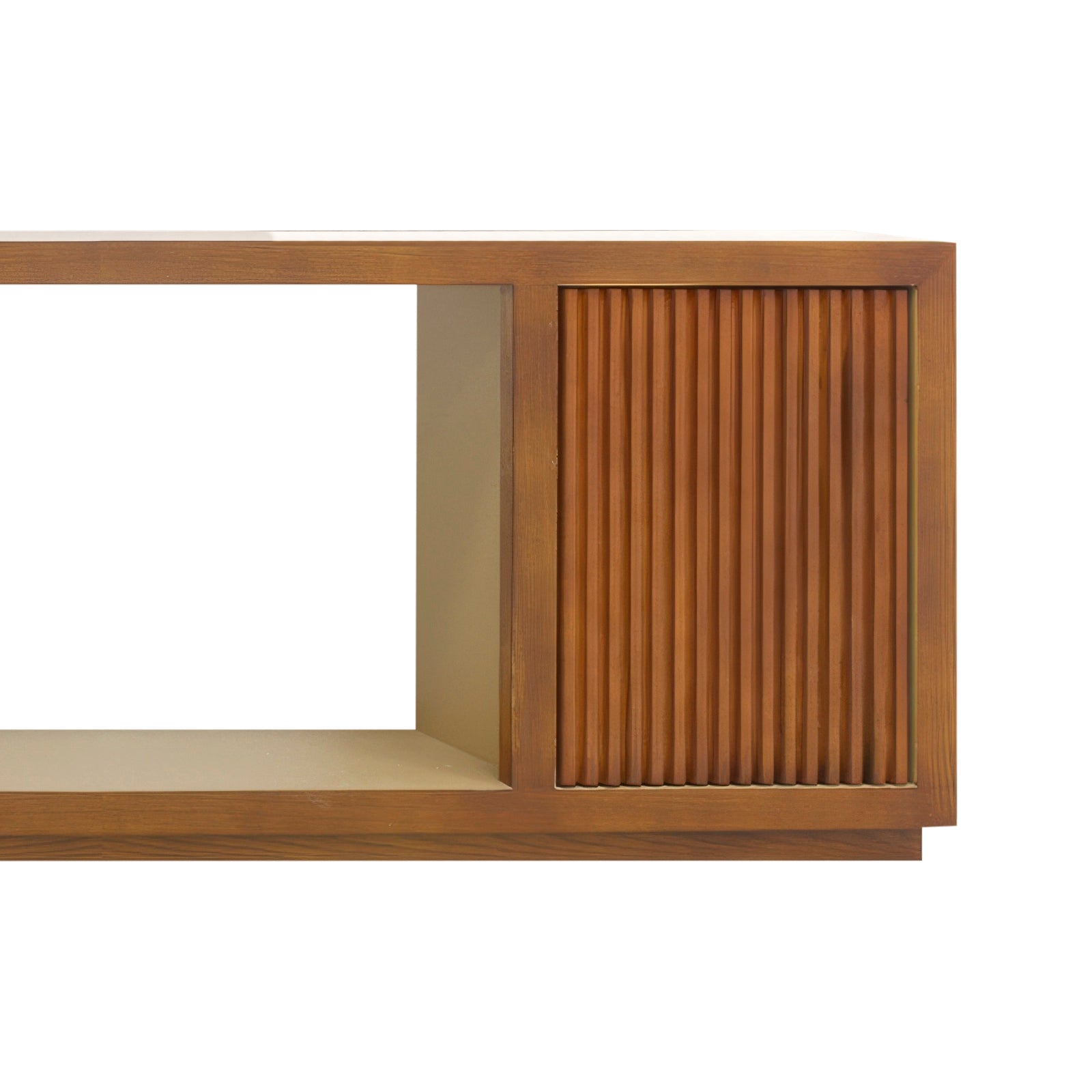 Close-up of Toby TV console right side showing open central bay and cylindrical reeded cabinet door on plinth base
