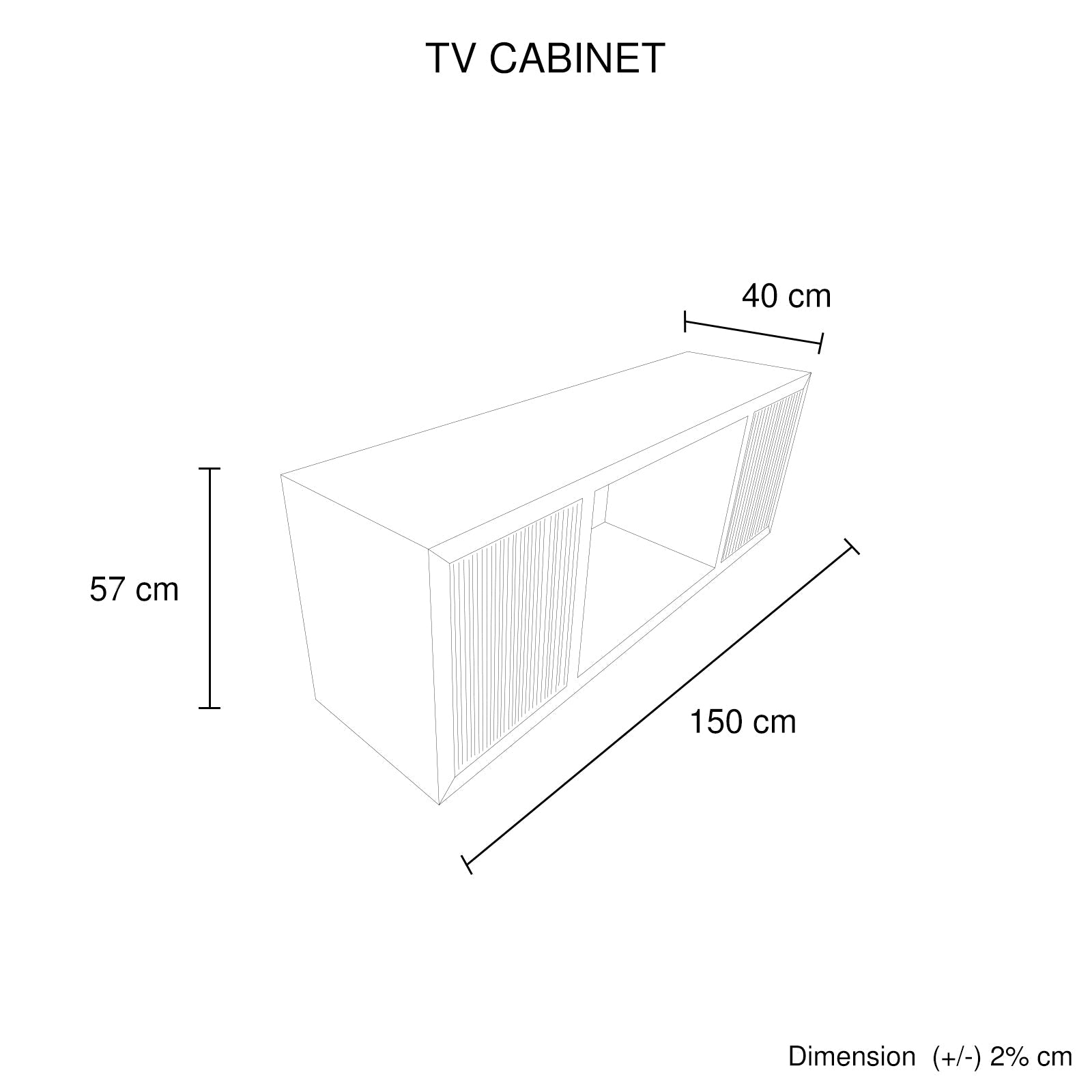 Dimension diagram of TV cabinet: 150cm wide, 57cm tall, 40cm deep, text: TV Cabinet, Dimension +/- 2% cm