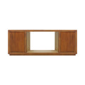 Walnut TV console front view on white background, two reeded doors flanking large open central bay on plinth base