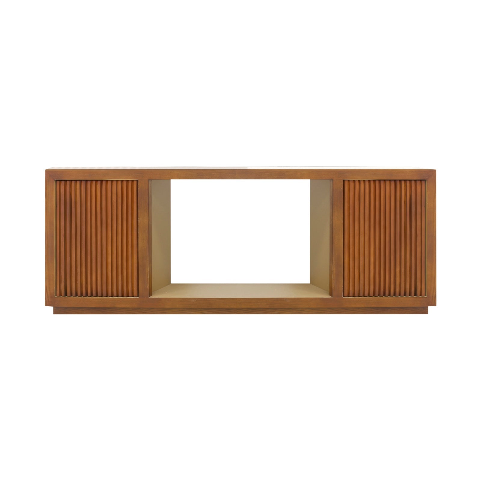 Walnut TV console front view on white background, two reeded doors flanking large open central bay on plinth base