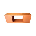 Toby TV console overhead view with both cabinet doors swung open showing orange interior panels and central open bay