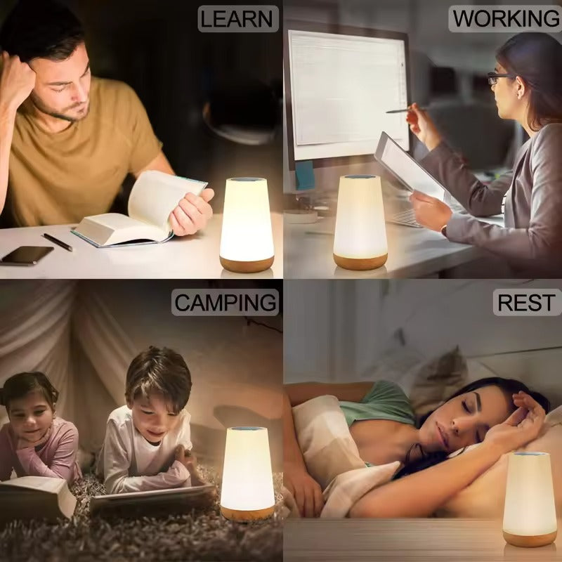 4-panel lifestyle: wood-base LED lamp used for Learn, Working, Camping and Rest in home and outdoor settings