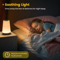 Child sleeping in bed, wood-base LED lamp glowing warm on bedside table, text Soothing Light, Regular Shutdown 1H 2H 4H 6H