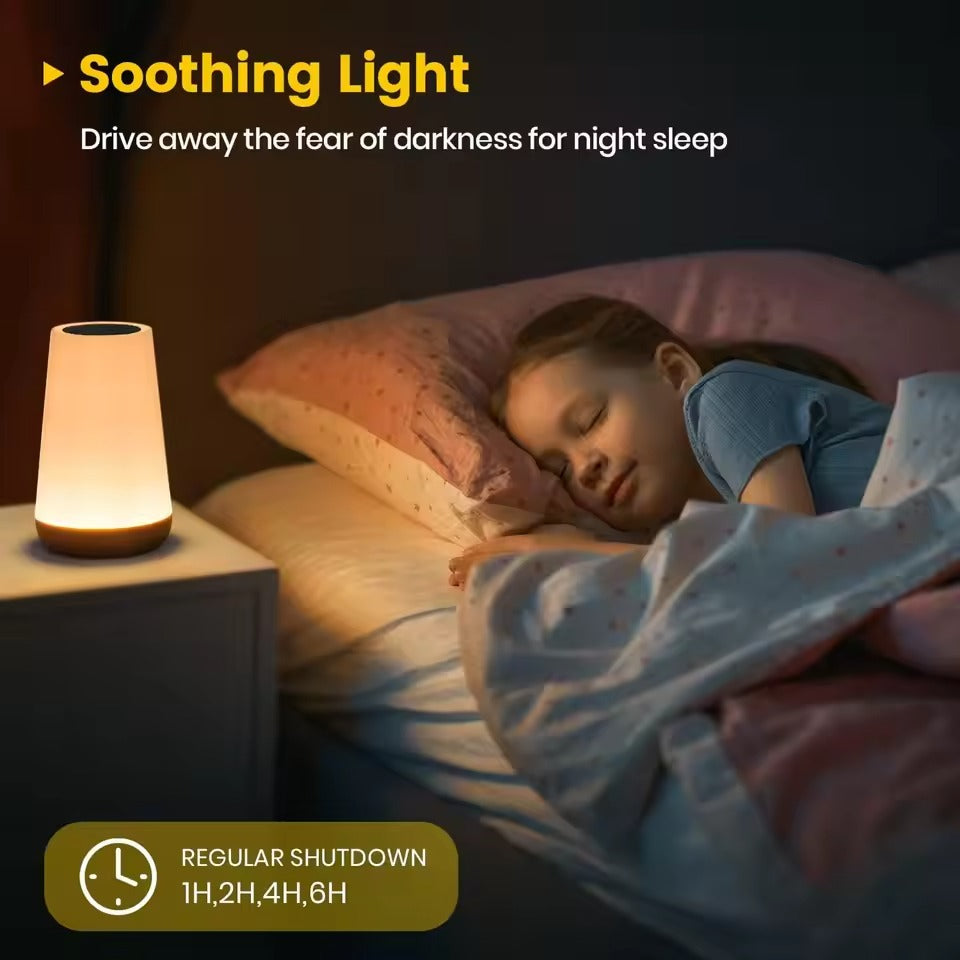 Child sleeping in bed, wood-base LED lamp glowing warm on bedside table, text Soothing Light, Regular Shutdown 1H 2H 4H 6H