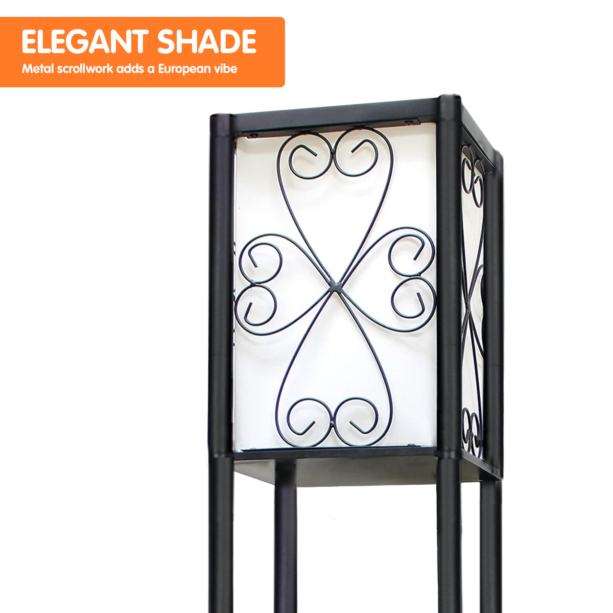 Close-up of square tower lamp shade with text "Elegant Shade, Metal scrollwork adds a European vibe" on white panel