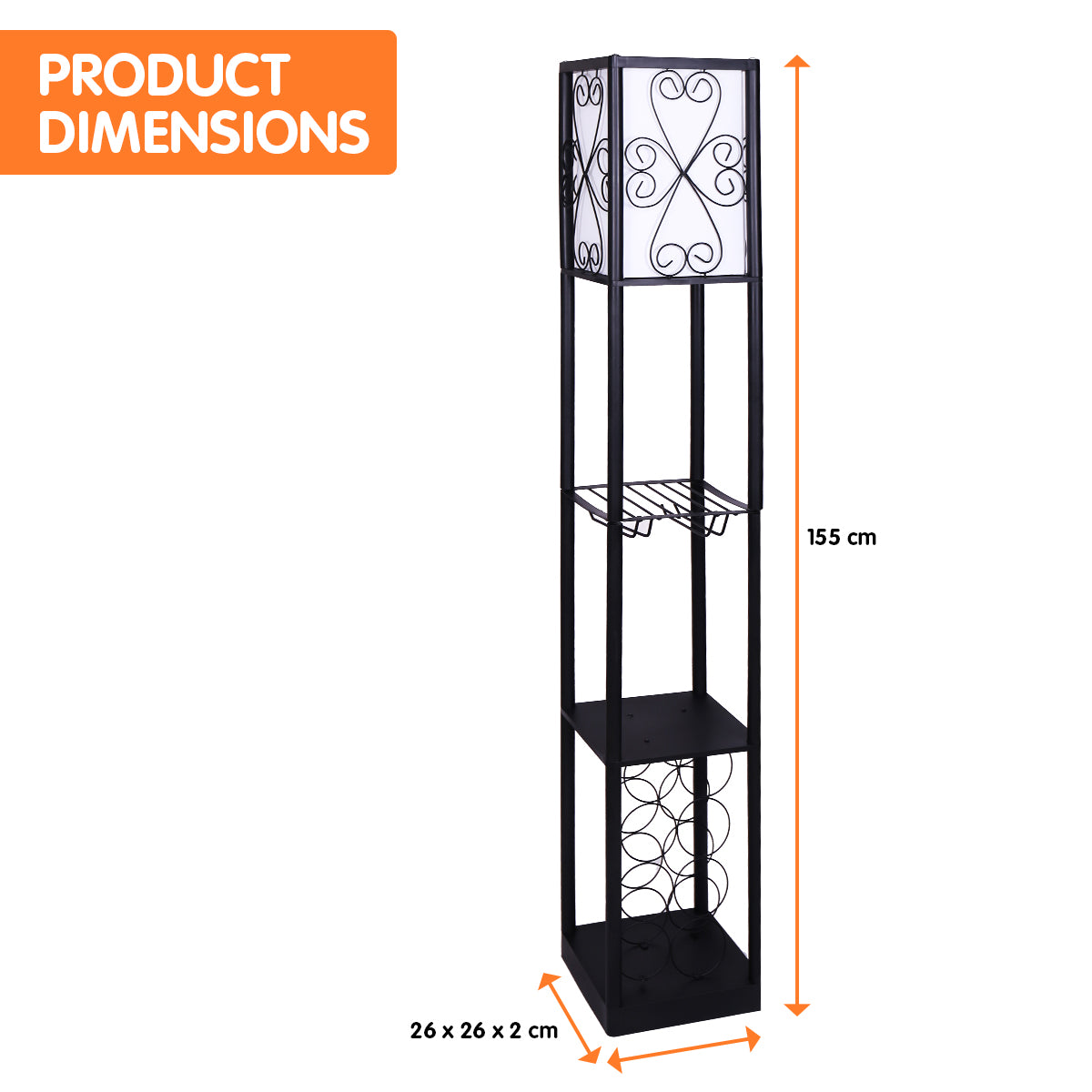 Tower floor lamp with wine rack dimensions: 155cm height, 26x26x2cm base