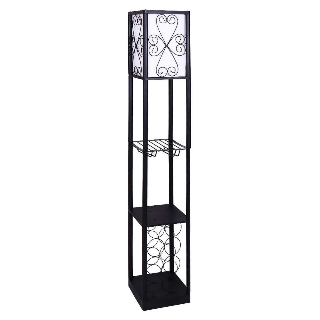 Black tower floor lamp with square floral shade, wine glass rack shelf, flat shelf and wine bottle holder, white background