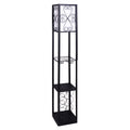 Black tower floor lamp with square floral shade, wine glass rack shelf, flat shelf and wine bottle holder, white background