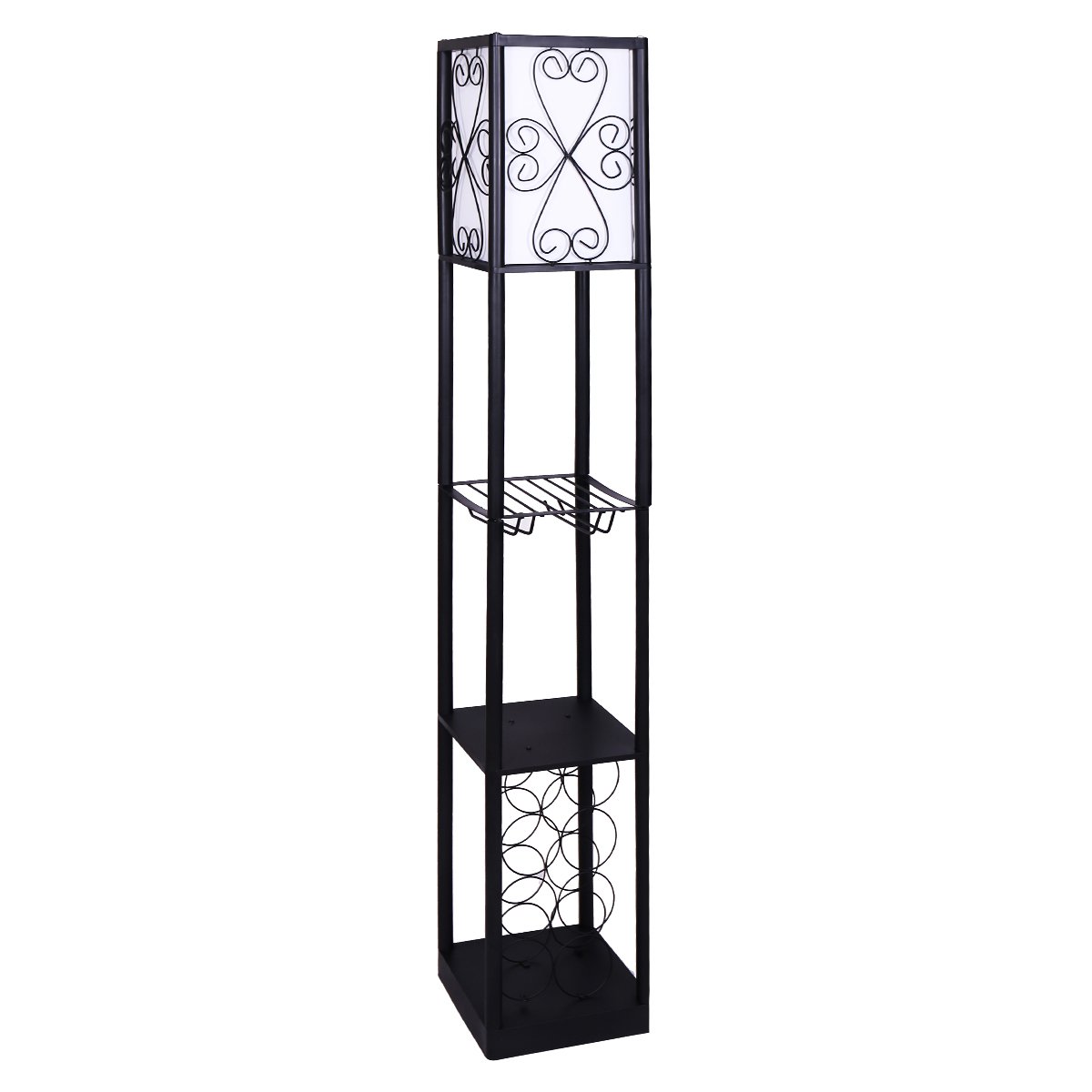 Black tower floor lamp with square floral shade, wine glass rack shelf, flat shelf and wine bottle holder, white background