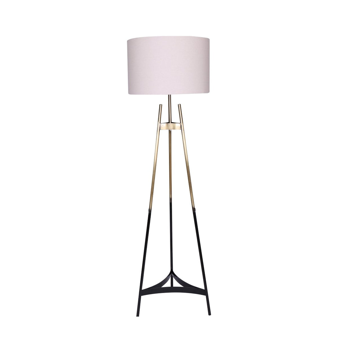 Tripod floor lamp with three black and gold legs and large white cylindrical drum shade on white background