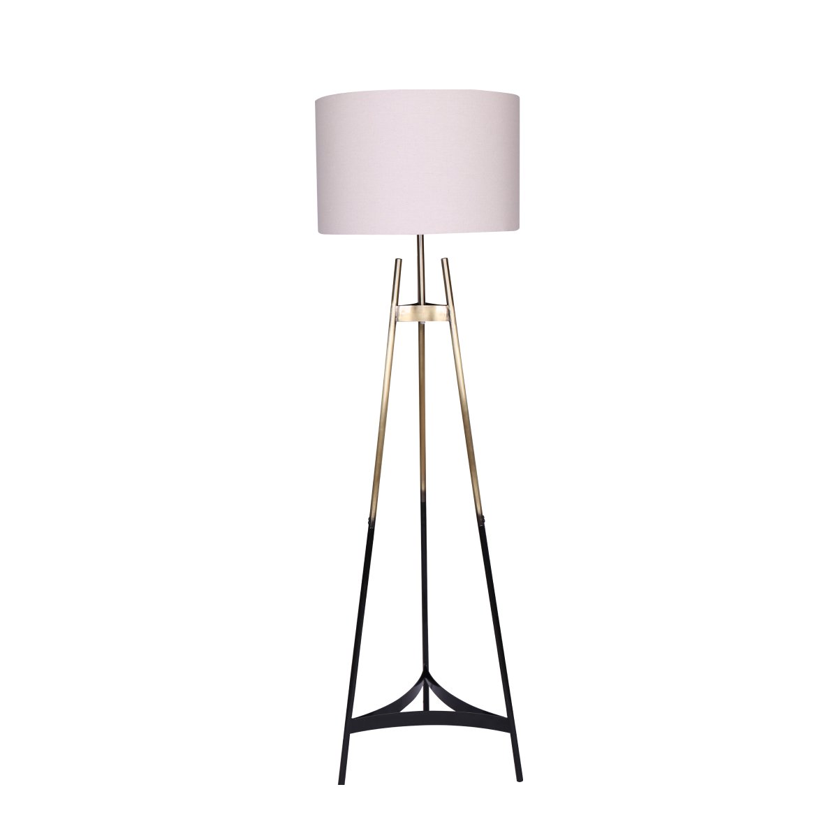 Tripod floor lamp with three black and gold legs and large white cylindrical drum shade on white background