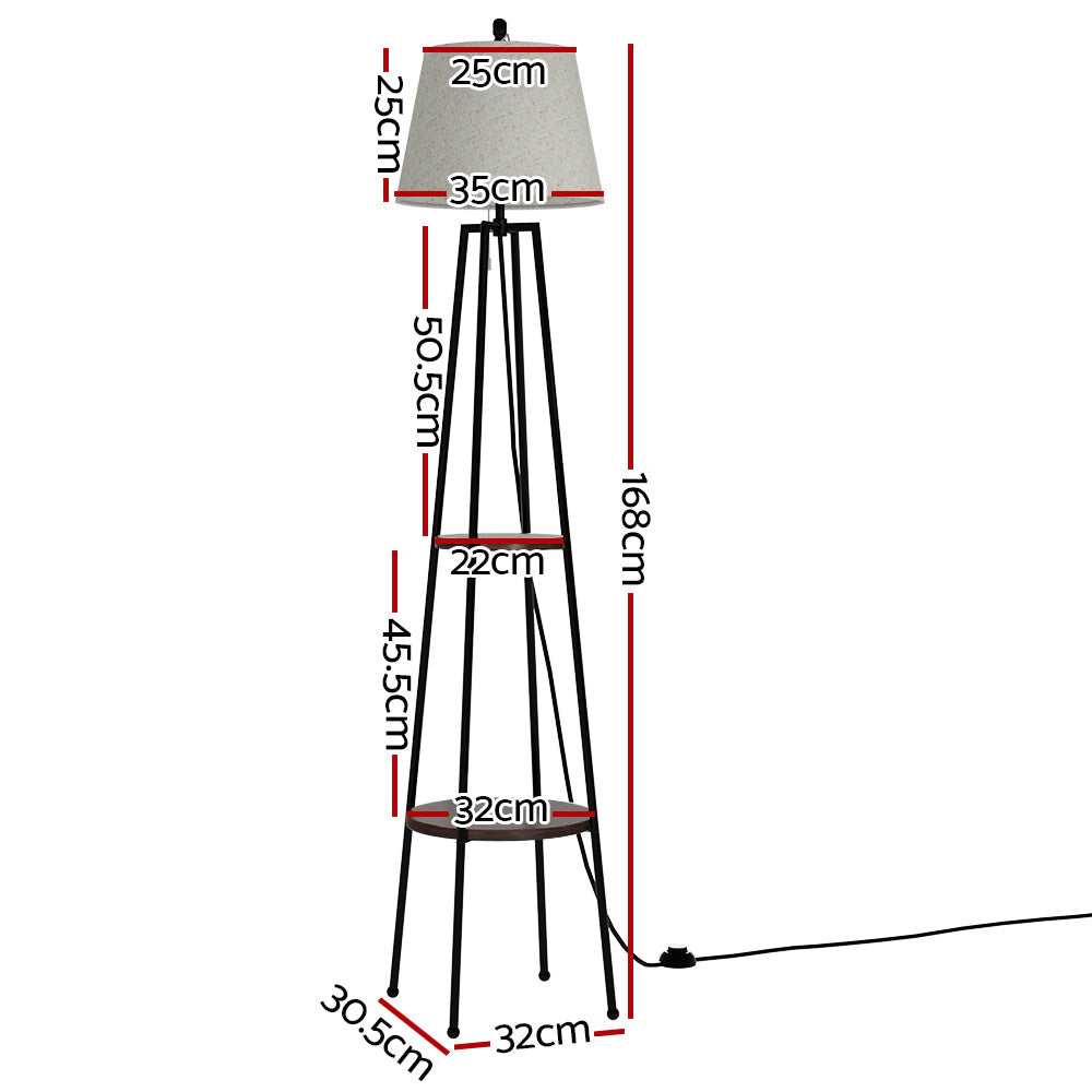 Tripod floor lamp dimensions: 168cm height, shade 35cm, shelves 22cm and 32cm diameter, base 32cm x 30.5cm