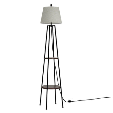 Black tripod floor lamp with two round walnut shelves and grey fabric drum shade on white background, front view