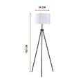 Dimension diagram of tripod floor lamp showing 38cm shade width and 152cm total height on white background