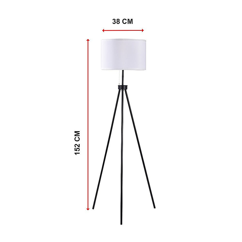 Dimension diagram of tripod floor lamp showing 38cm shade width and 152cm total height on white background