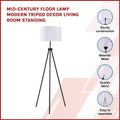 Tripod floor lamp feature infographic with text Mid-Century Modern and detail circles: sturdy build, metal, quality fabric
