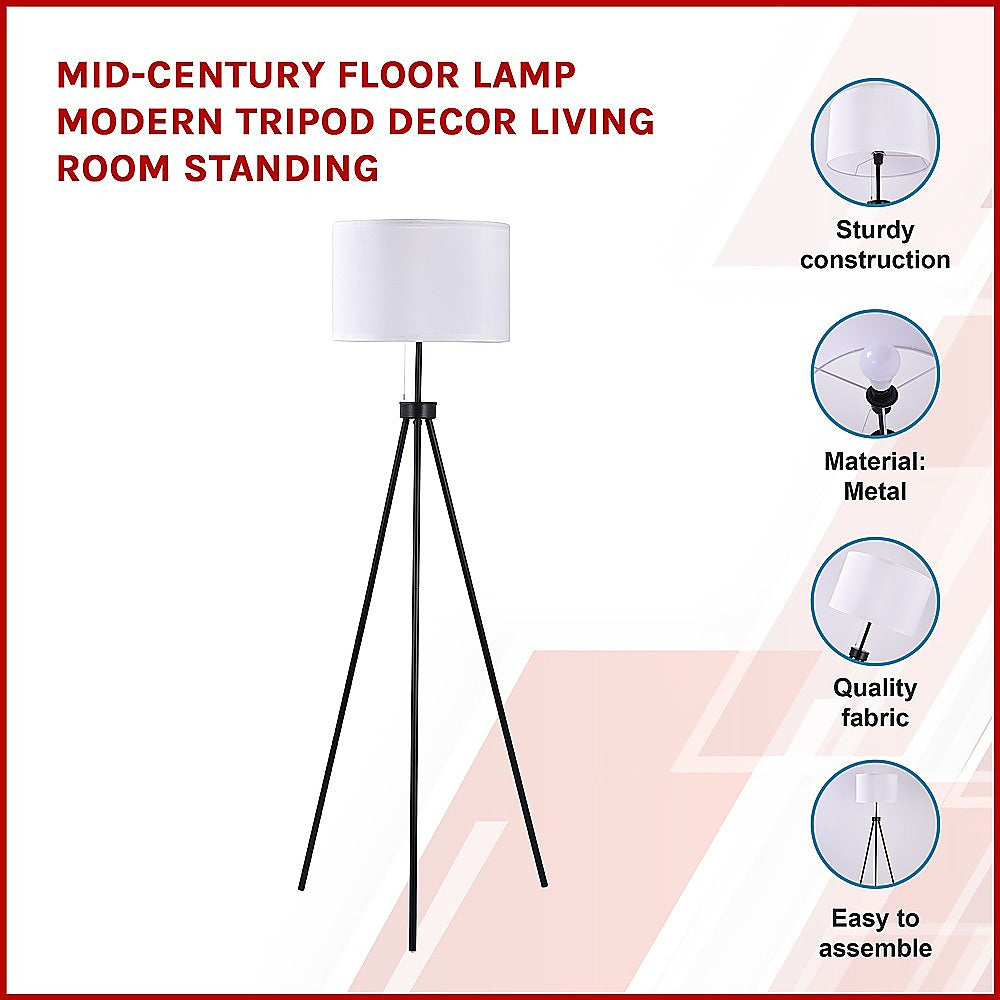 Tripod floor lamp feature infographic with text Mid-Century Modern and detail circles: sturdy build, metal, quality fabric
