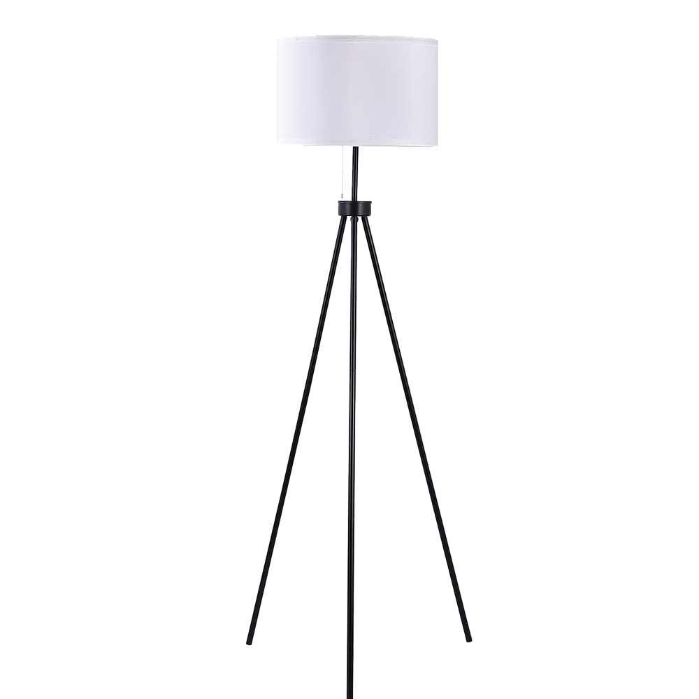 Tripod floor lamp with white cylindrical drum shade and three splayed black metal legs on white background
