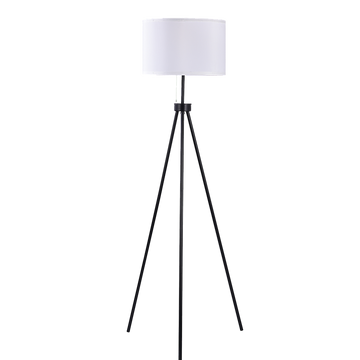 Tripod floor lamp with white cylindrical drum shade and three splayed black metal legs on white background