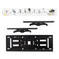 TV wall bracket two-piece components on white showing wall rail with labeled hardware bag and separate TV mounting plate