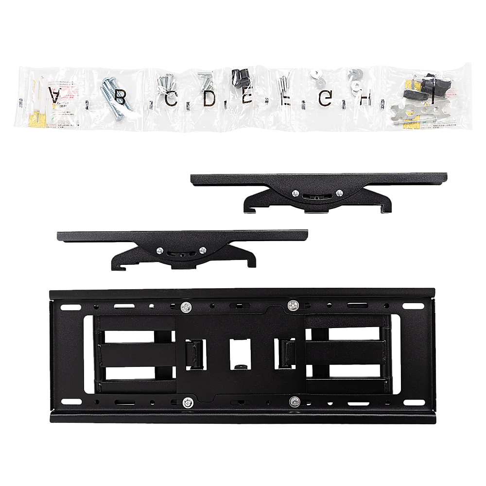 TV wall bracket two-piece components on white showing wall rail with labeled hardware bag and separate TV mounting plate